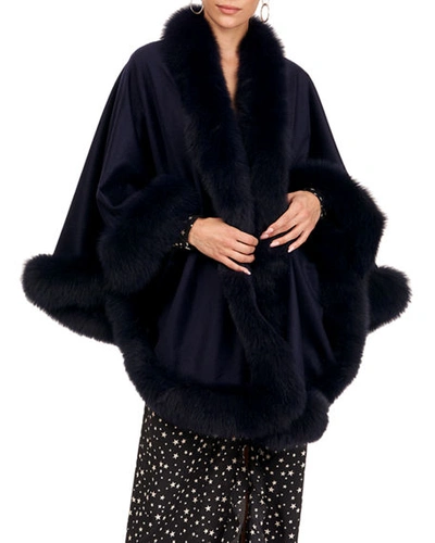 Shop Gorski Cashmere Capelet With Fox Fur In Navy