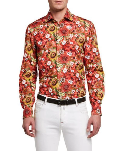 Shop Kiton Men's Floral Cotton Sport Shirt In Red