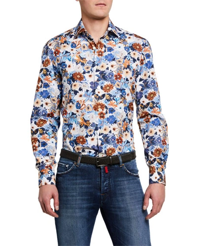 Shop Kiton Men's Floral Cotton Sport Shirt In Blue