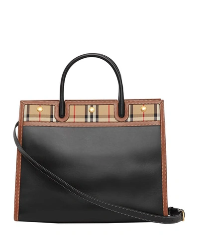 Shop Burberry Mini Leather And Vintage Check Title Bag In Black