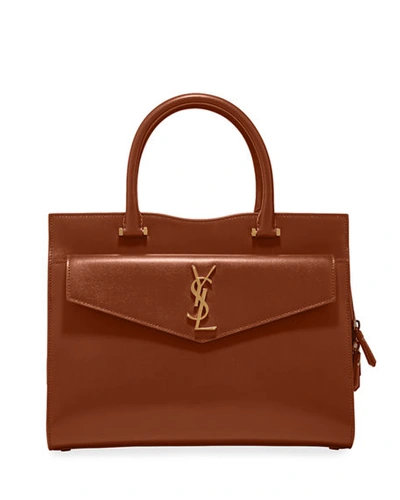 Shop Saint Laurent Uptown Medium Ysl Leather Satchel Bag In Brown