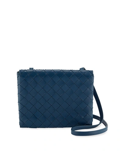 Shop Bottega Veneta Intrecciato Leather Flap Wallet On Chain Crossbody In Dark Blue