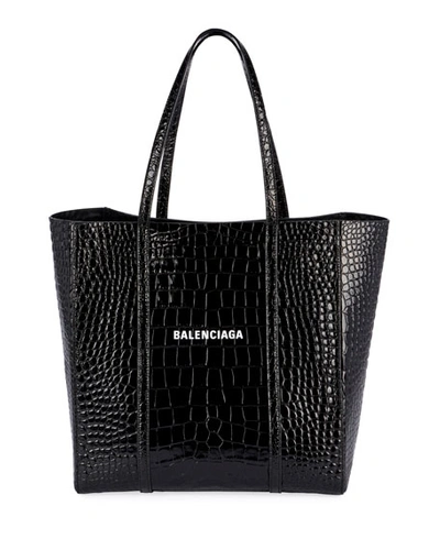 Shop Balenciaga Everyday Small Shiny Embossed Croc Tote Bag In Black