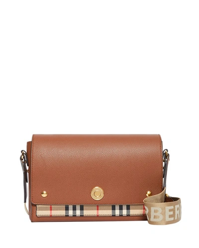 Shop Burberry Note Medium Vintage Check & Leather Crossbody Bag With Logo Web Strap In Tan
