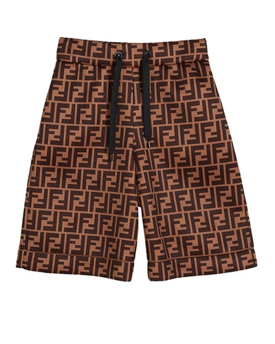 Shop Fendi Boy's Ff-print Drawstring Shorts In Brown