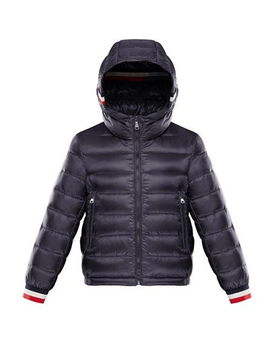 Shop Moncler Giroux Quilted Hooded Jacket W/ Striped Trim In Blue
