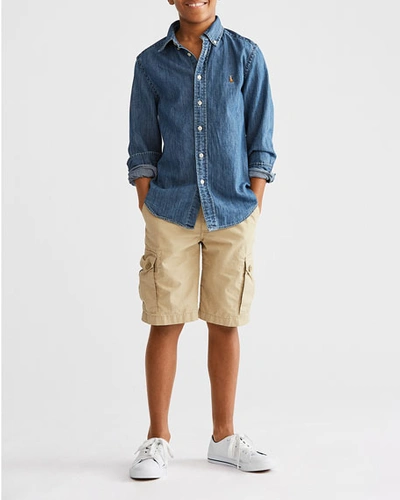 Shop Ralph Lauren Boy's Woven Chambray Shirt In Dark Blue