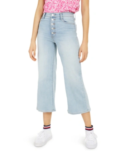Shop Tommy Jeans Cropped Button-fly Wide-leg Jeans In Elliot