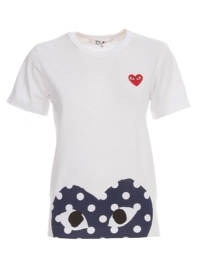 Shop Comme Des Garçons Play Play Polka Dot T-shirt W/big Heart On Bottom Tone On Tone In White