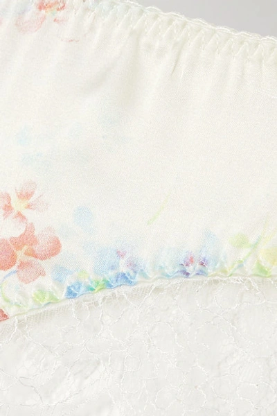 Shop Agent Provocateur Aimeline Leavers Lace-trimmed Floral-print Silk-blend Satin Thong In White