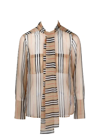 Shop Burberry Striped Chiffon Shirt In Brown