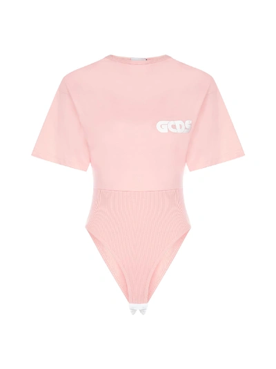 Shop Gcds Gilda Logo Stretto Cotton Tee-bodysuit In Pink