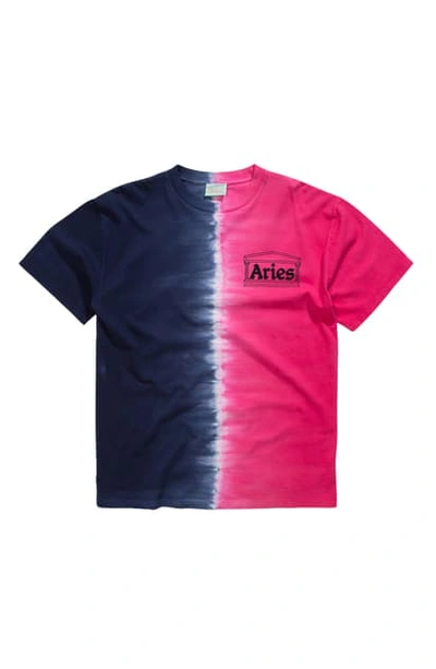 Shop Aries Half & Half Tie Dye Logo T-shirt In Blue/ Fuschia