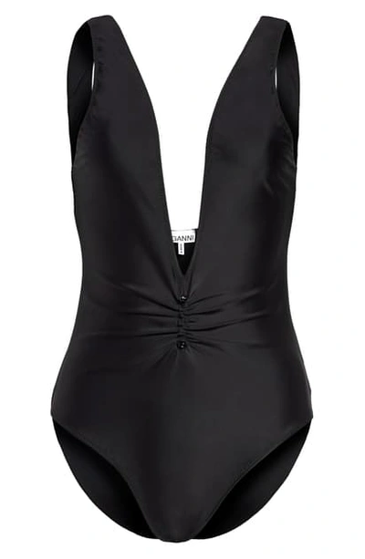 Shop Ganni Ruched Recycled Fiber One-piece Swimsuit In Black