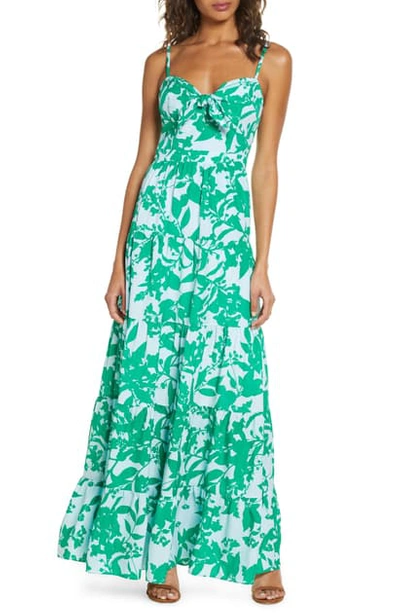 Shop Eliza J Floral Tie Front Tiered Maxi Sundress In Blue