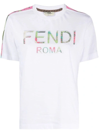 Shop Fendi White Floral Logo Print T-shirt