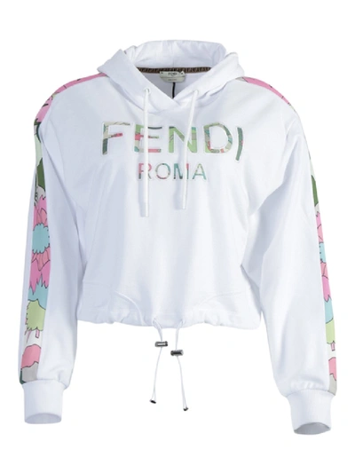 Shop Fendi White Cropped Floral Logo Hoodie