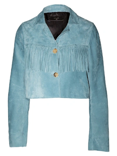 Shop Amiri Cobalt Cropped Fringe Suede Jacket In Blue