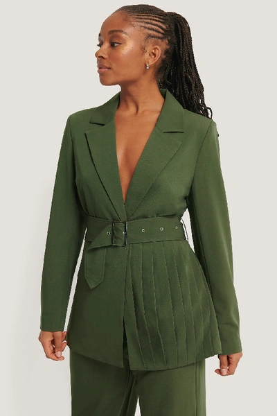 Shop Romy X Na-kd Pleat Detail Belted Blazer Green In Dark Green