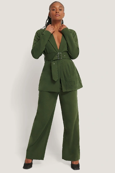 Shop Romy X Na-kd Pleat Detail Belted Blazer Green In Dark Green