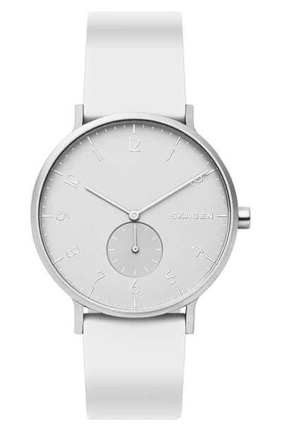 Shop Skagen Aaren Kul?r Rubber Strap Watch, 41mm In White/ Silver