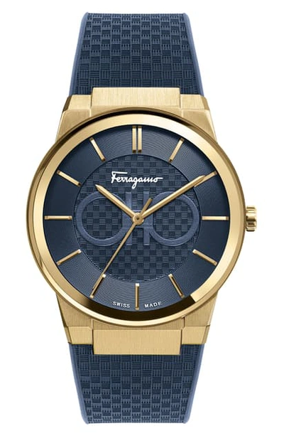 Shop Ferragamo Sapphire Rubber Strap Watch, 41mm In Blue/ Gold