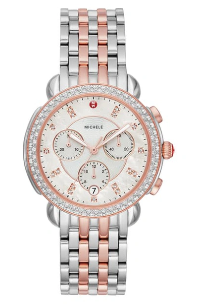 Shop Michele Sidney Chrono Diamond Dial Watch Case, 38mm In Rose Gold/ Mop/ Silver