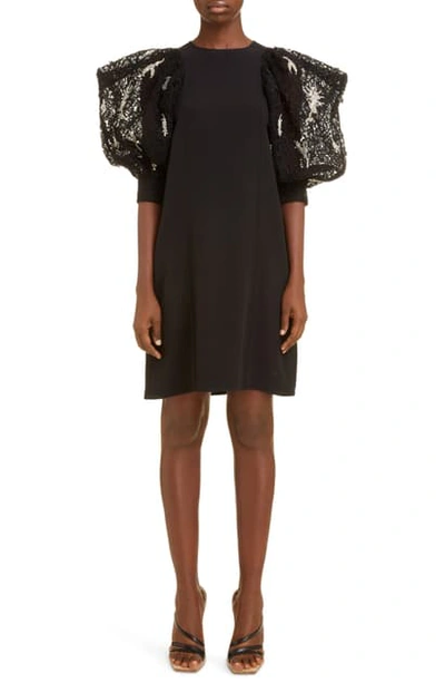 Shop Givenchy Embellished Lace Sleeve Crepe Shift Dress In Black