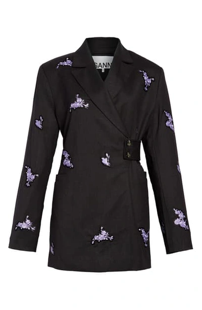 Shop Ganni Floral Embroidered Wool Wrap Blazer In Phantom 252