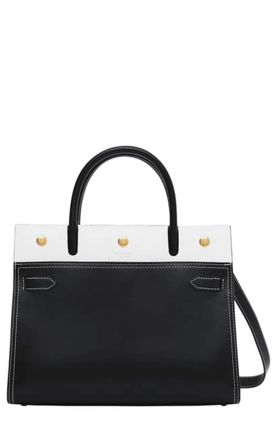 Shop Burberry Small Title Two-handle Leather Bag In Black/ White