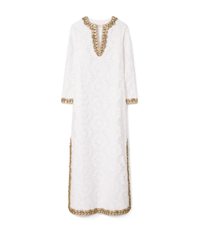 Shop Tory Burch Embellished Lace Caftan Dress In White
