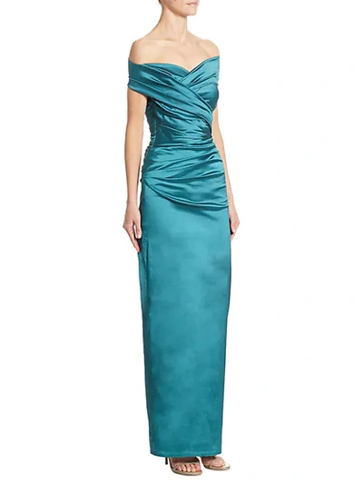 Shop Talbot Runhof Off-the-shoulder Silk Column Gown In Jade