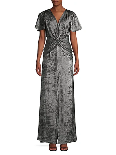 Shop Aidan Mattox Flutter-sleeve Burn Velvet A-line Gown In Silver Black