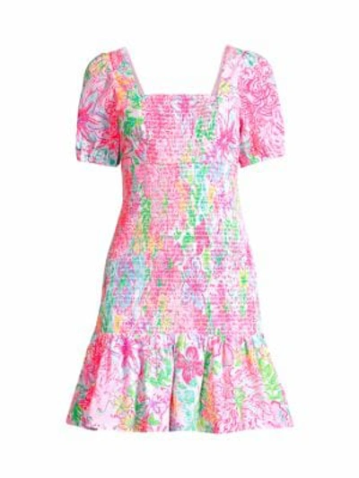 Shop Lilly Pulitzer Women's Evelina Smocked Floral Dress In Neutral