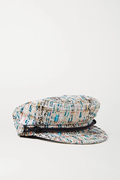 Shop Maison Michel New Abby Leather-trimmed Metallic Bouclé-tweed Cap In White