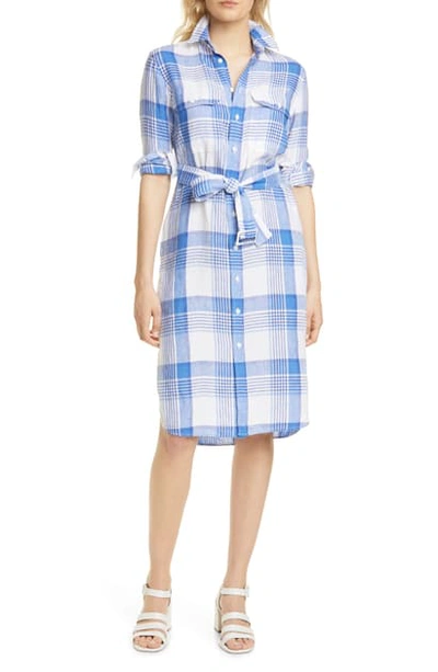 Shop Polo Ralph Lauren Plaid Long Sleeve Belted Linen Shirtdress In 4370 White Blue/ Multi