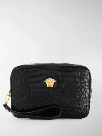 Shop Versace Embossed Crocodile-effect Medusa Clutch In Black