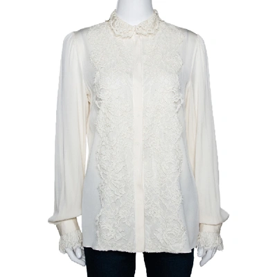 Pre-owned Dolce & Gabbana Off White Silk Lace Trim Long Sleeve Shirt L In Cream
