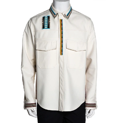 Pre-owned Valentino Cream Cotton Tribal Bead Embellished Utility Jacket Xl