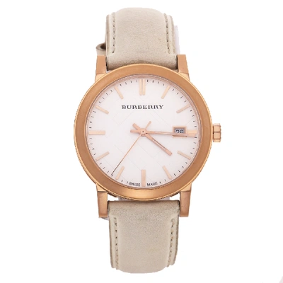 Pre-owned Burberry Silver White Rose Gold Plated Stainless Steel Leather The City Bu9012 Women's Wristwatch 38 Mm