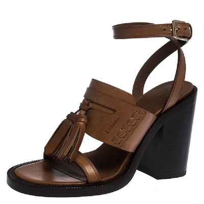Pre-owned Burberry Brown Leather Bethany Tassel Detail Block Heel Sandals Size 37