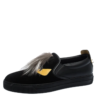 Pre-owned Fendi Black/yellow Leather And Suede Fur Detail Monster Slip On Sneakers Size 42