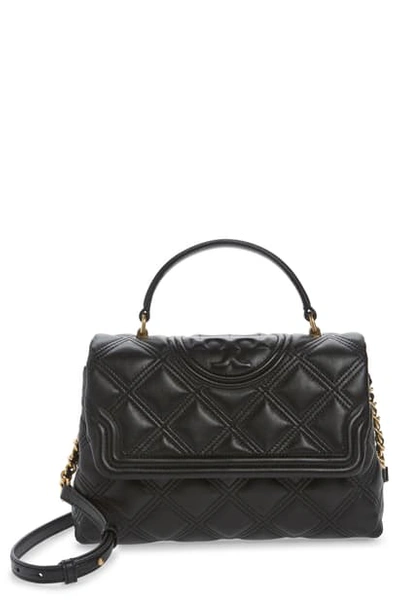 Shop Tory Burch Fleming Top Handle Quilted Leather Satchel In Black
