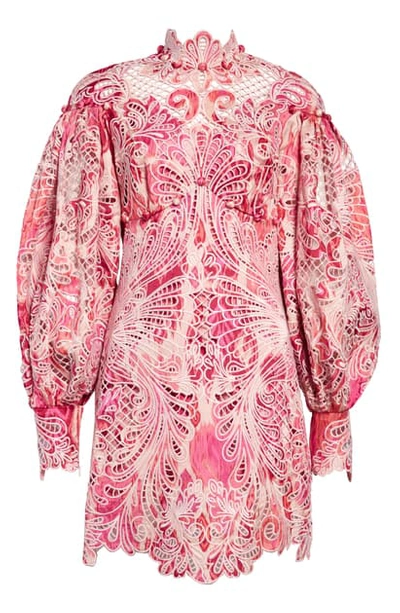 Shop Zimmermann Wavelength Ikat Long Sleeve Broderie Anglaise Minidress In Azalea Ikat