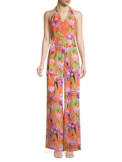Shop Alice And Olivia Cyrus Floral Halter Jumpsuit In Coral