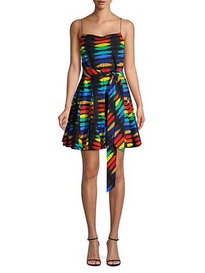 Shop Alice And Olivia Webber Printed Godet Cotton Dress In Rainbow Black Tie Dye