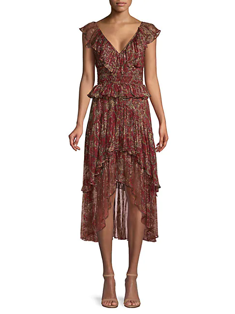 red ruffle midi dress