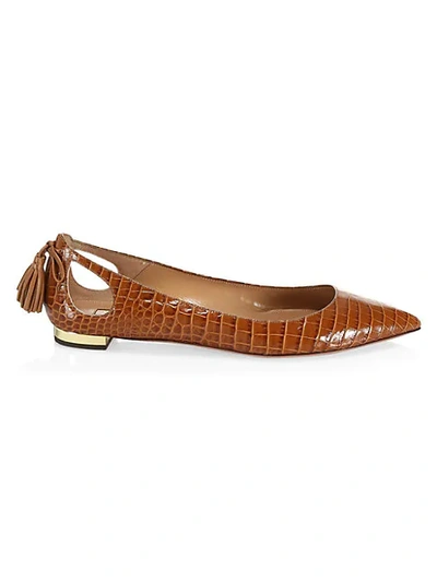Shop Aquazzura Forever Marilyn Cutout Croc-embossed Leather Ballet Flats In Tobacco