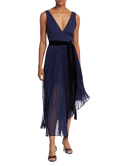 Shop Alice And Olivia Aiden Asymmetrical Pleated Midi Dress In Dream Azure