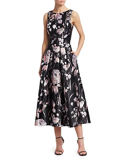 Shop Theia Sleeveless Embellished Floral Tea-length Dress In Black